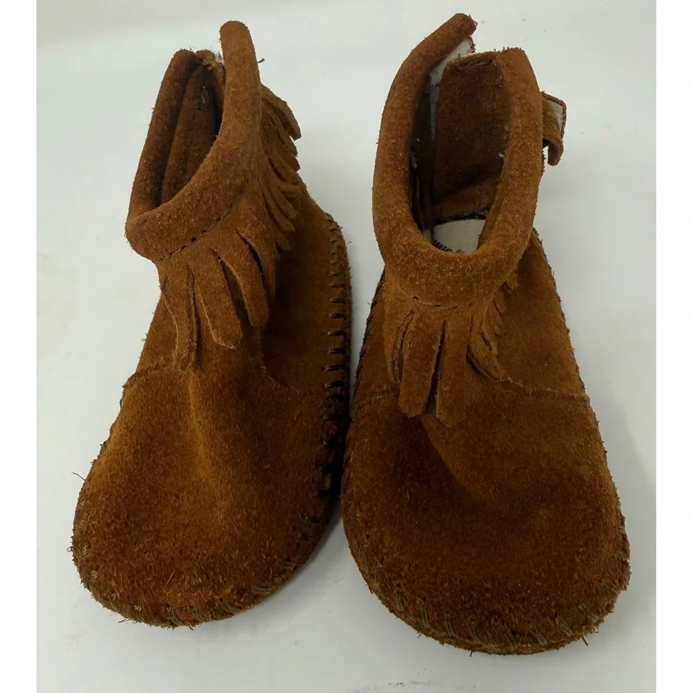 Minnetonka Infant's Brown Suede Leather Fringe‎ Back Strap Booties Size 3